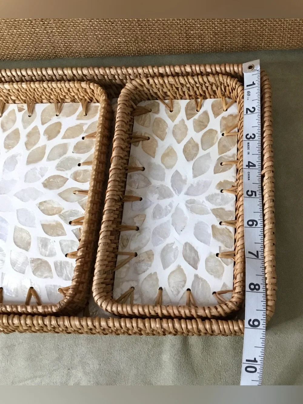 Brazil Station Handwoven Rattan Mother of Pearl Service Tray Set of Three.